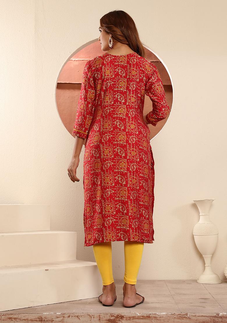 Red Floral Print Viscose Kurta
