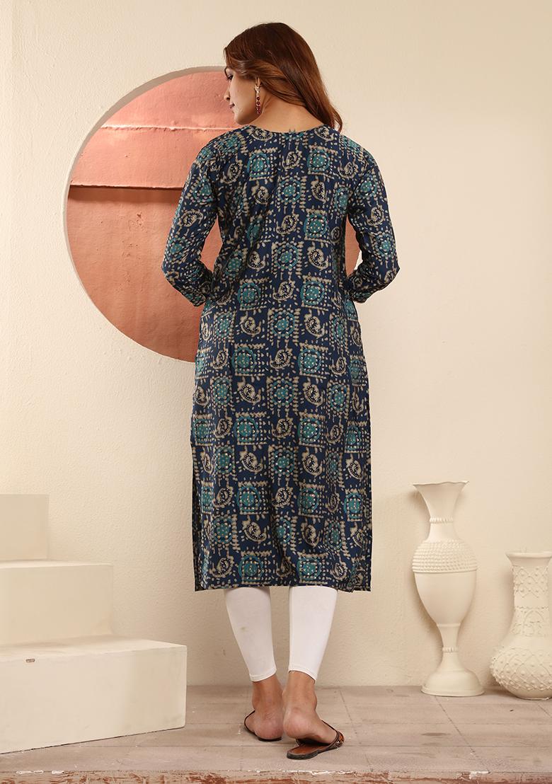 Blue Floral Print Viscose Kurta