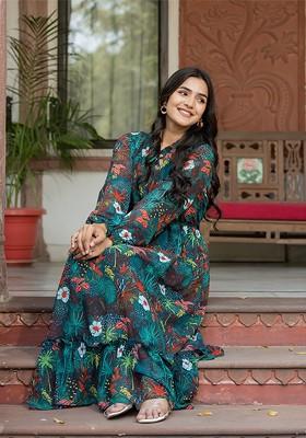 Green Floral Print Georgette Anarkali Kurta