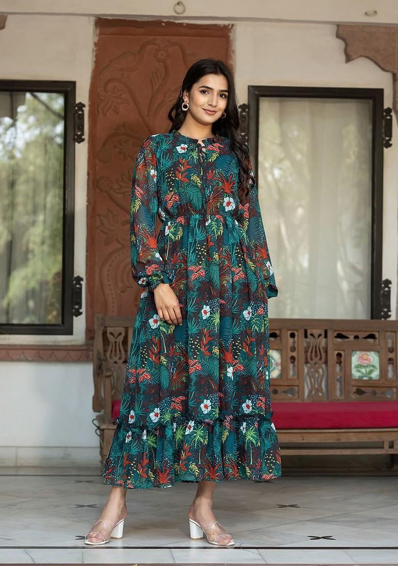 Green Floral Print Georgette Anarkali Kurta