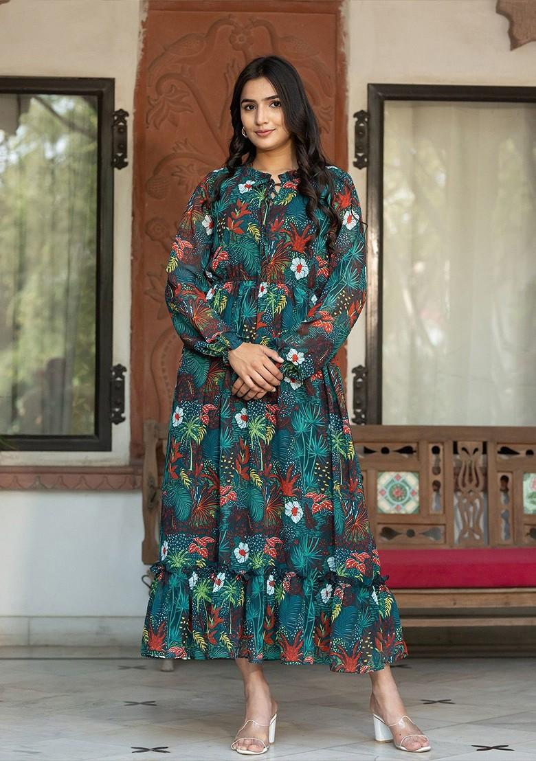 Green Floral Print Georgette Anarkali Kurta