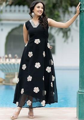 Black Floral Print Georgette Kurta