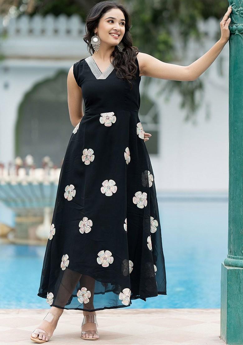 Black Floral Print Georgette Kurta