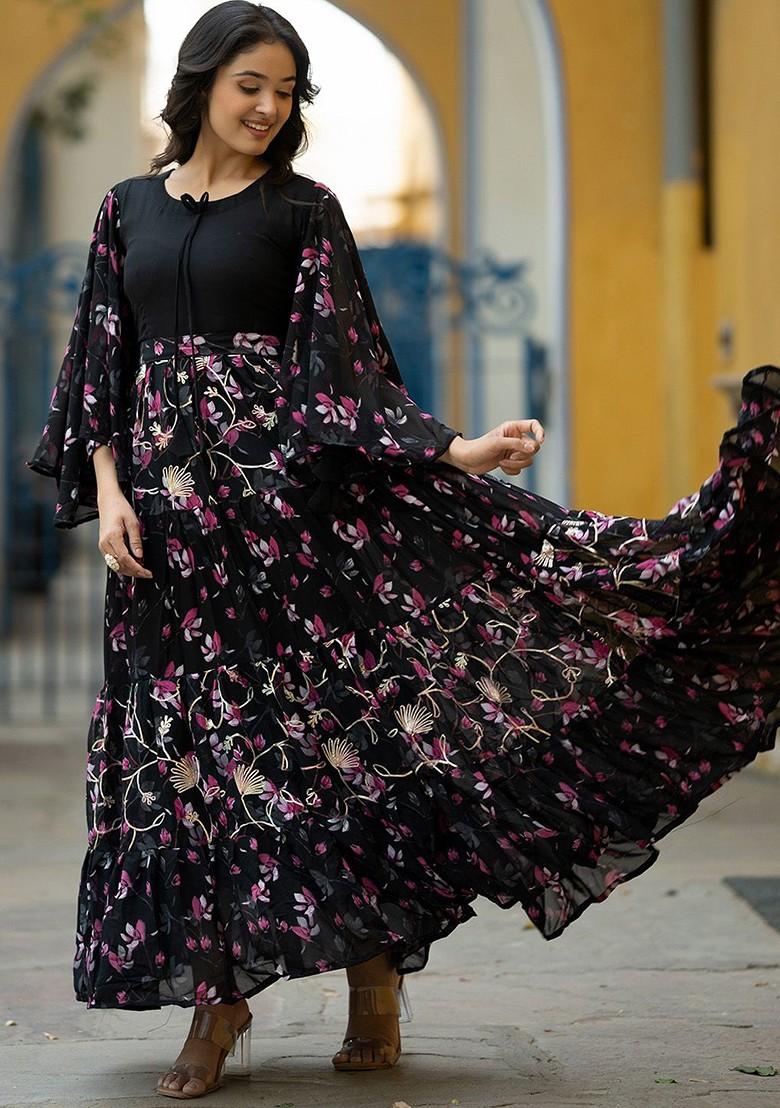 Black Floral Print Poly Blend Anarkali Kurta