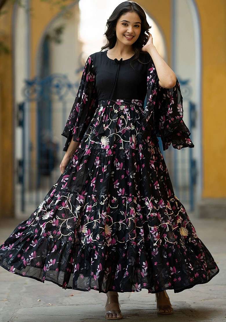 Black Printed Blended Gown - Indya
