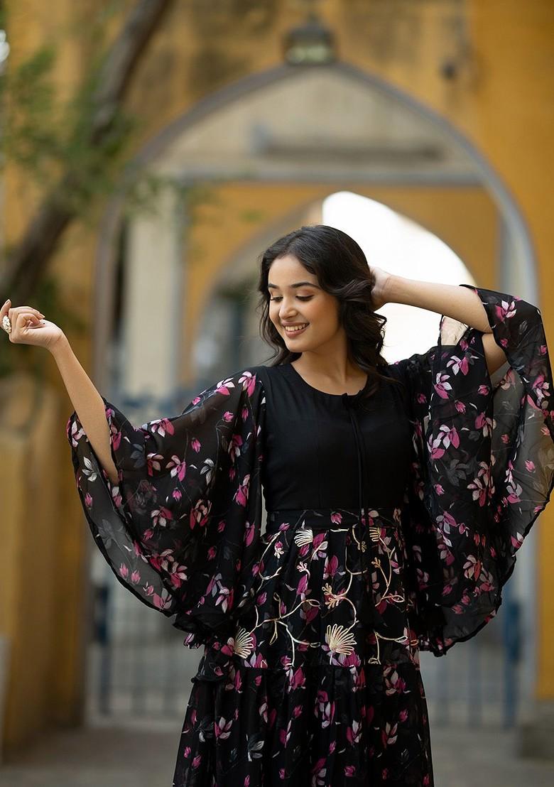 Black Floral Print Poly Blend Anarkali Kurta