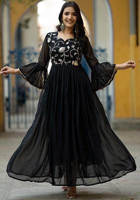 Black Embroidered Poly Blend Anarkali Kurta