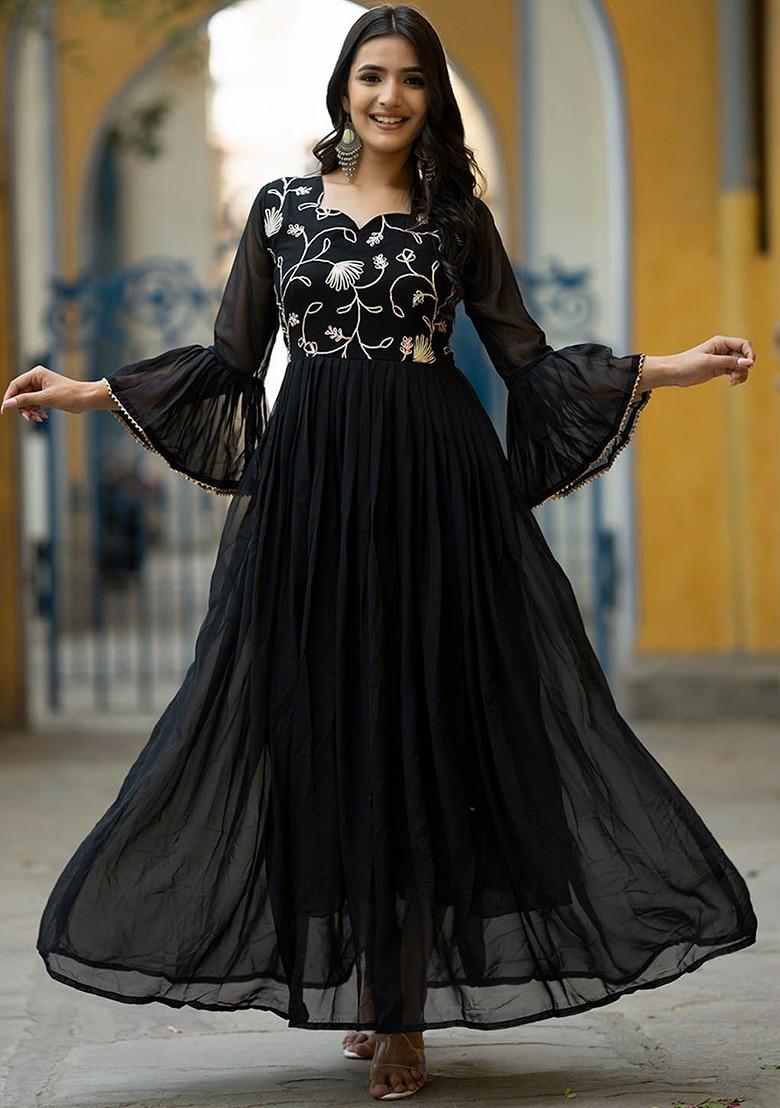 Black Embroidered Poly Blend Anarkali Kurta