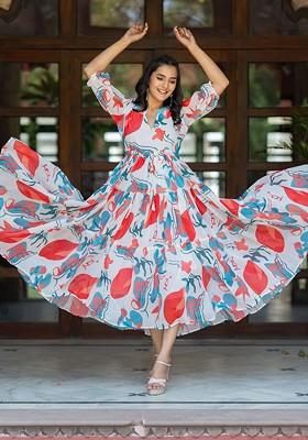 White Abstract Print Poly Blend Anarkali Kurta