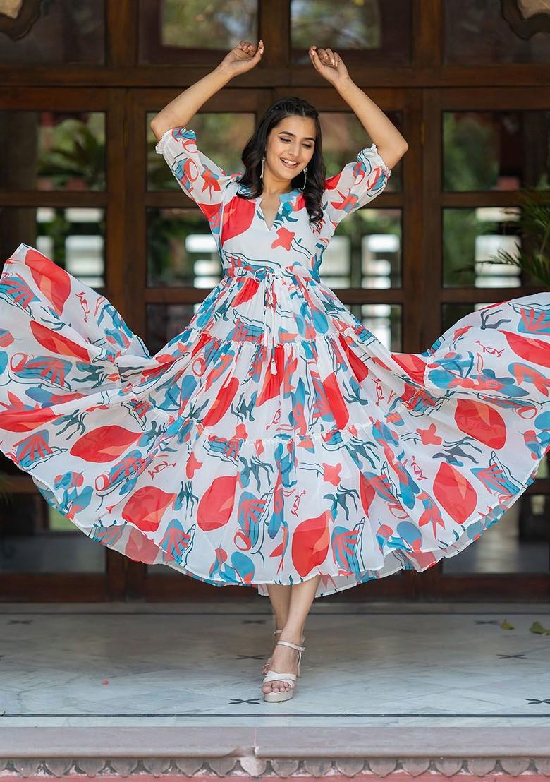 White Abstract Print Poly Blend Anarkali Kurta