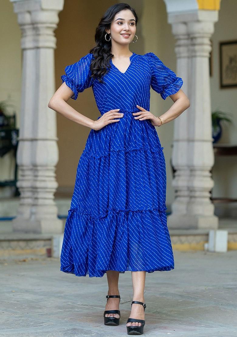 Blue Striped Poly Blend Kurta