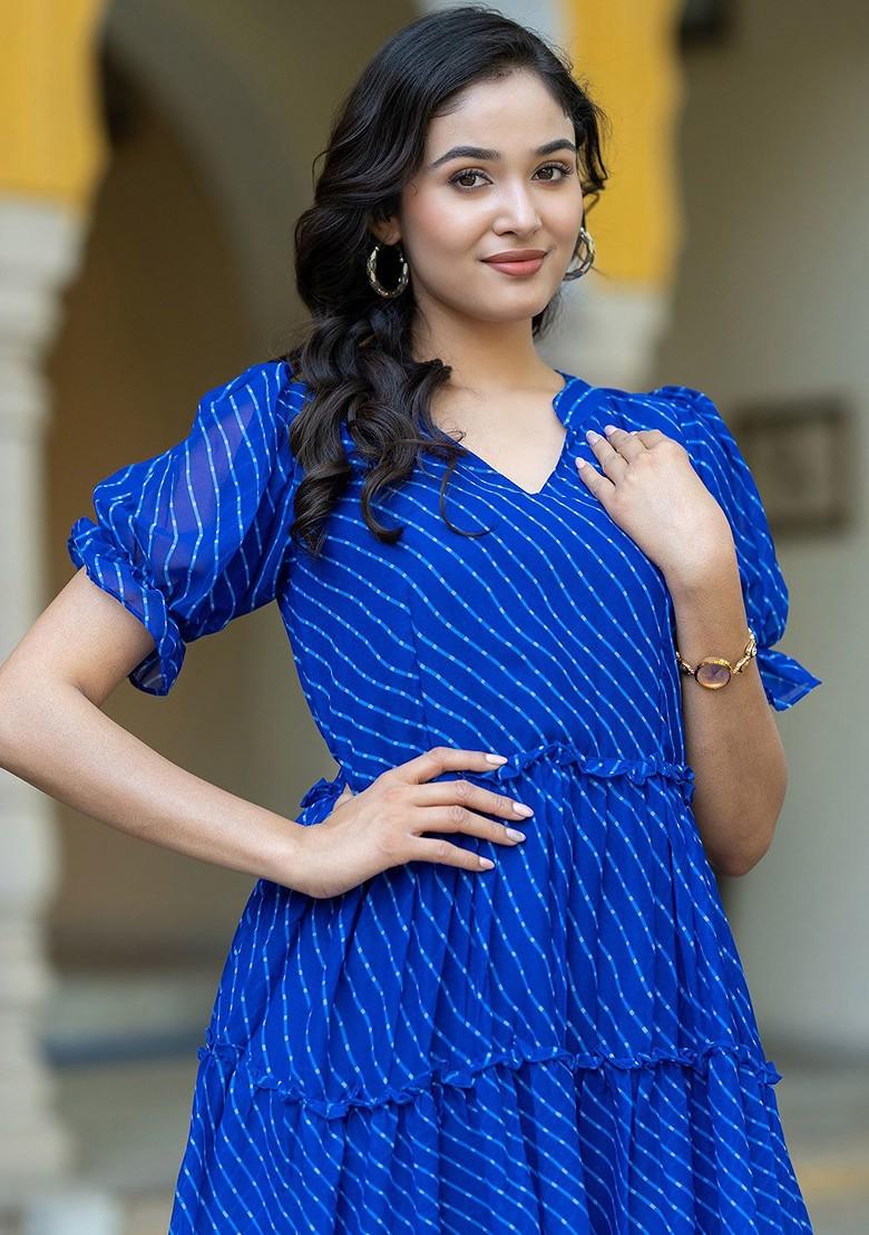 Blue Striped Poly Blend Kurta