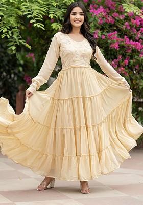 Cream Embroidered Poly Blend Anarkali Kurta