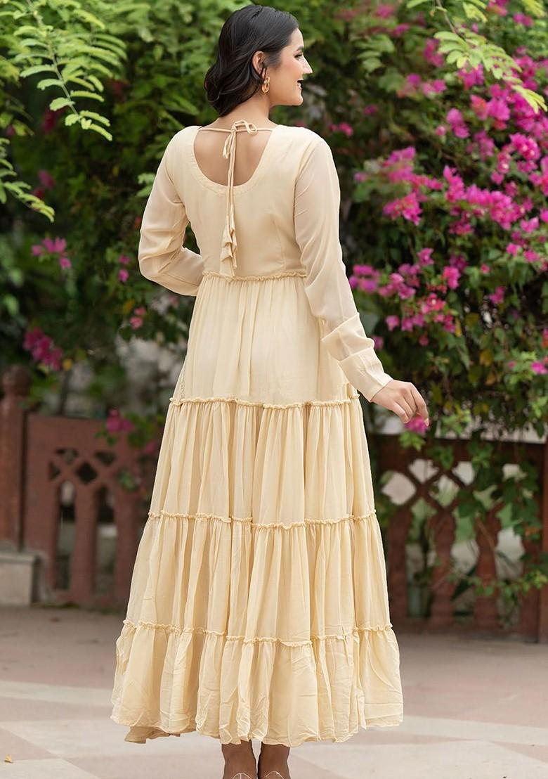 Cream Embroidered Poly Blend Anarkali Kurta
