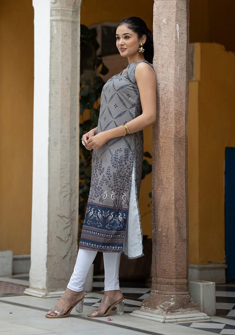 Grey Floral Print Poly Blend Kurta