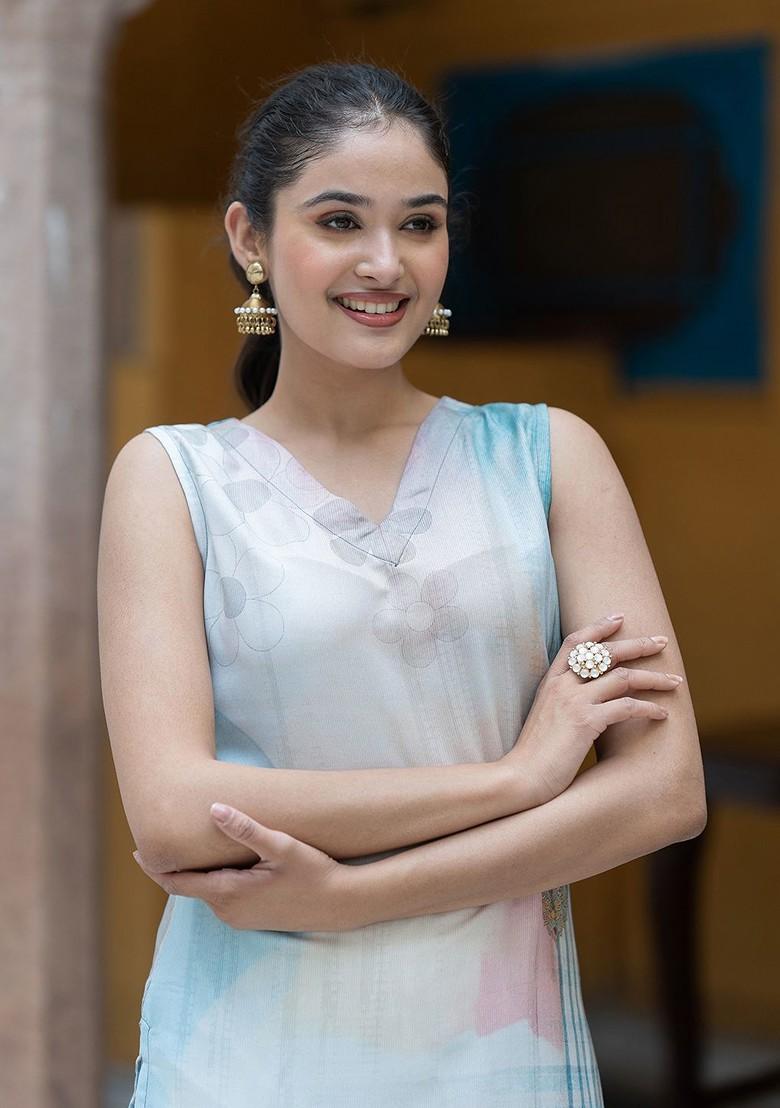 White Floral Print Poly Blend Kurta