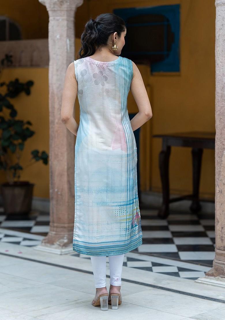 White Floral Print Poly Blend Kurta