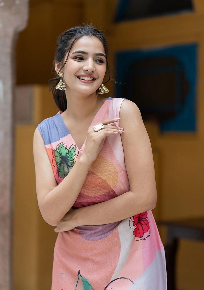 Peach Floral Print Poly Blend Kurta