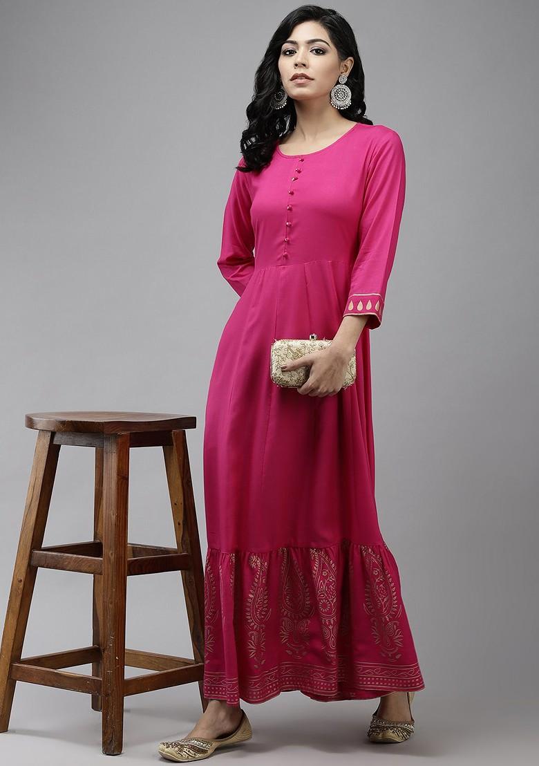 Magenta Printed Poly Blend Anarkali Kurta