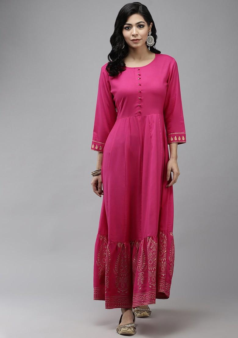 Magenta Printed Poly Blend Anarkali Kurta