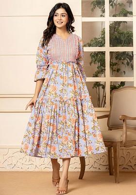 Violet Floral Print Poly Blend Anarkali Kurta