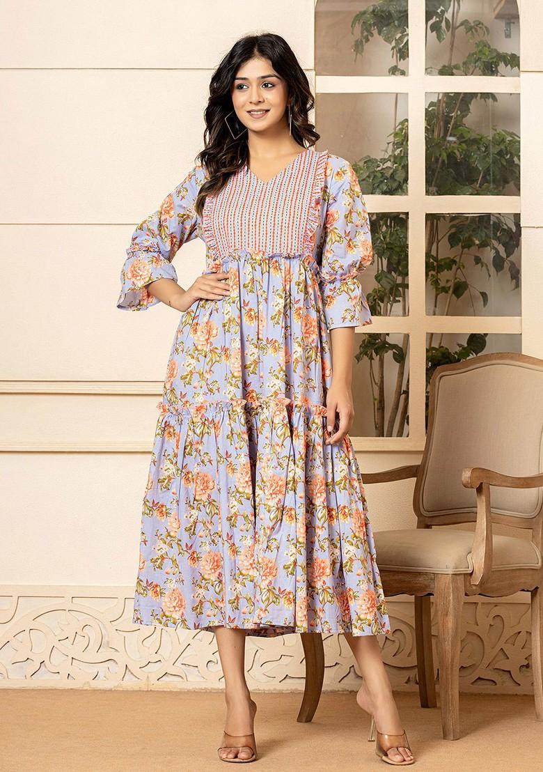 Violet Floral Print Poly Blend Anarkali Kurta