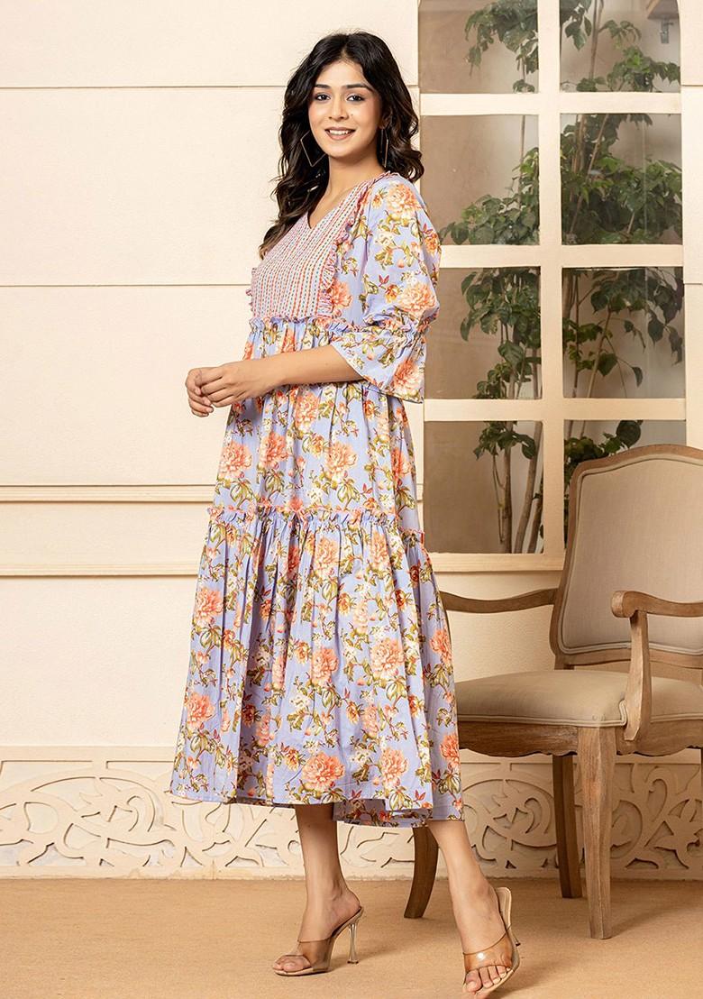 Violet Floral Print Poly Blend Anarkali Kurta