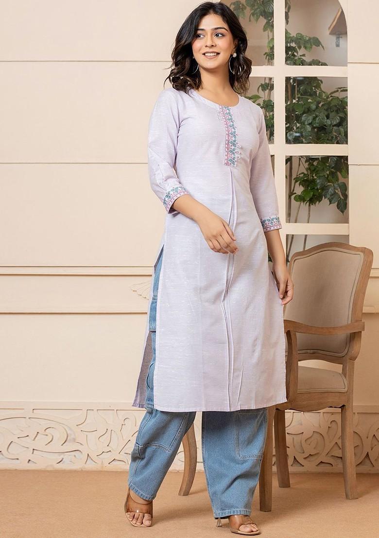 Lavender Embroidered Poly Blend Kurta