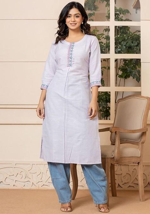 Lavender Embroidered Blended Kurta