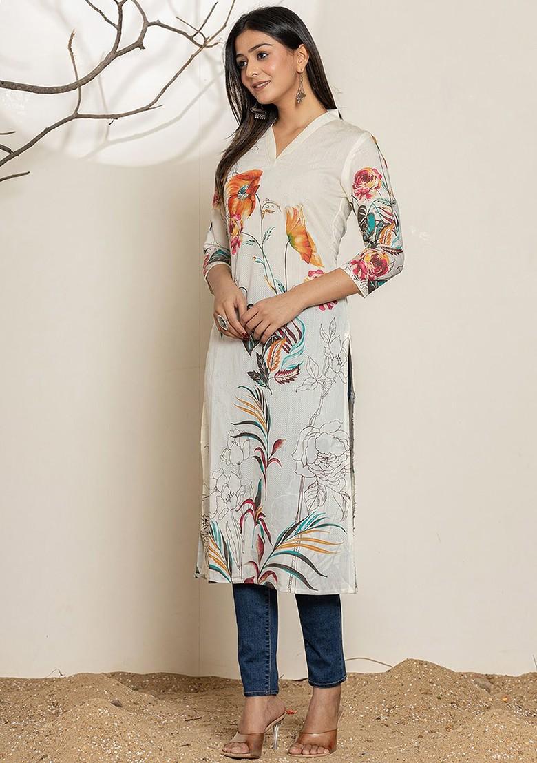 White Floral Print Poly Blend Kurta