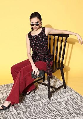 Black Floral Print Poly Blend Top