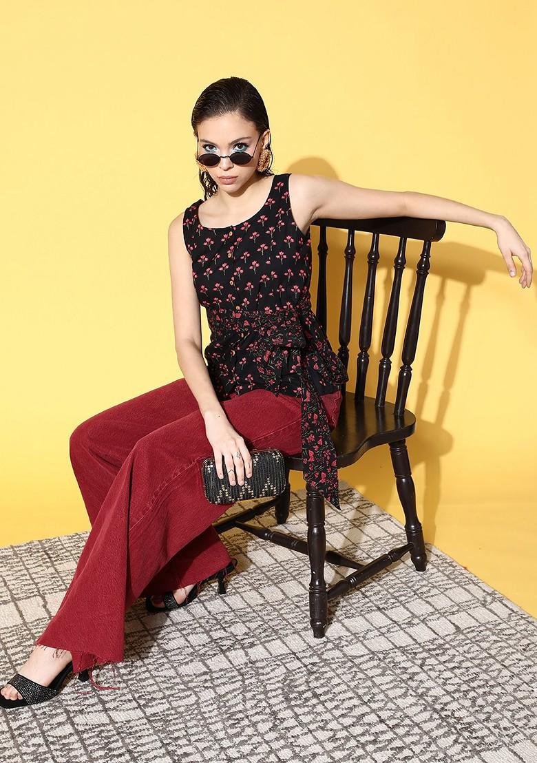 Black Floral Print Poly Blend Top