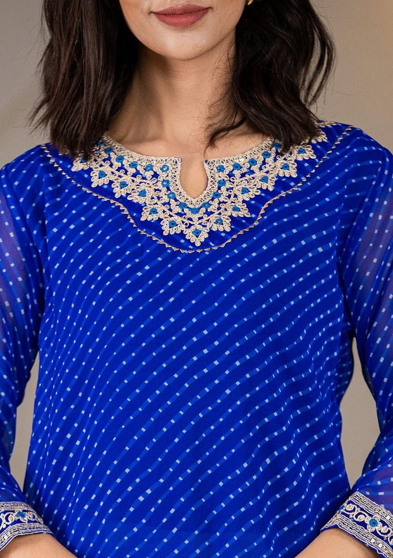 Blue Geometric Print Georgette Kurta