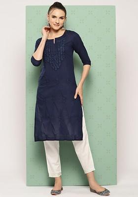 Navy Blue Embroidered Cotton Kurta