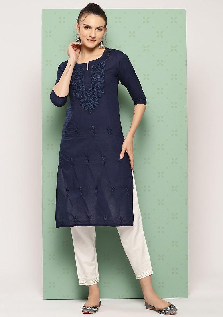 Navy Blue Embroidered Cotton Kurta