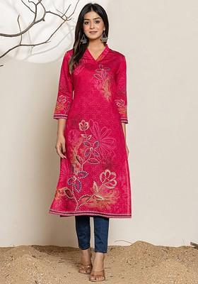 Pink Floral Print Poly Blend Kurta