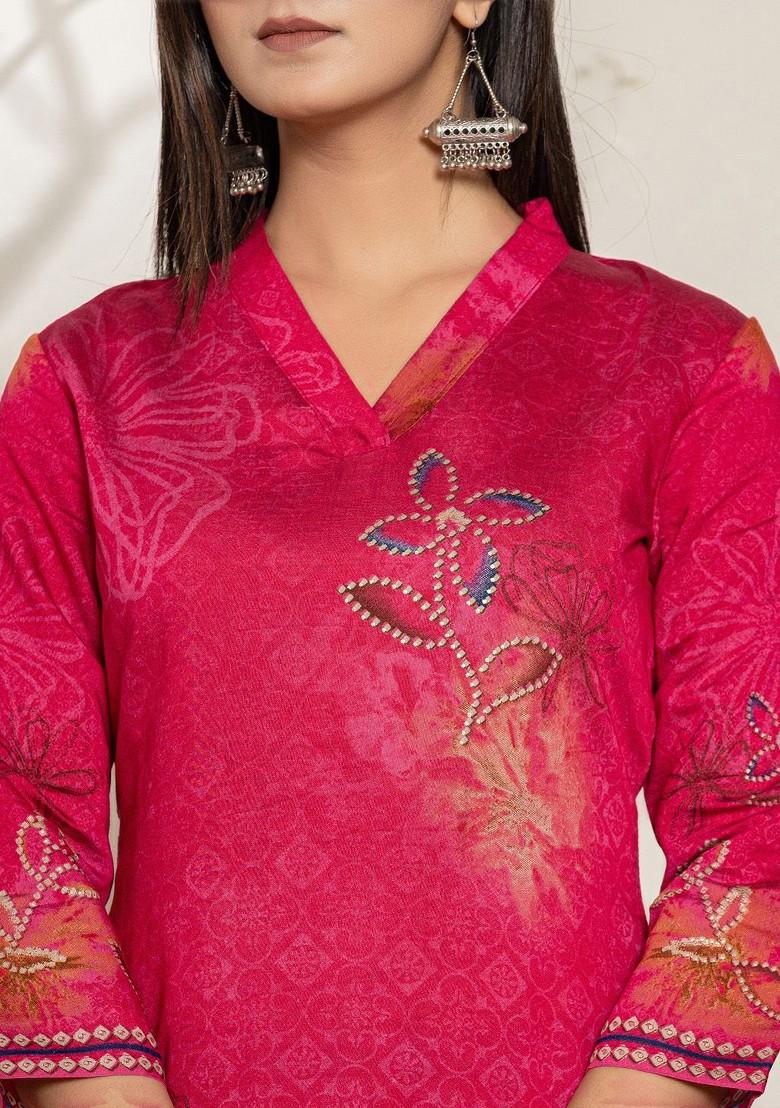 Pink Floral Print Poly Blend Kurta