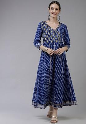 Blue Embroidered Cotton Anarkali Kurta