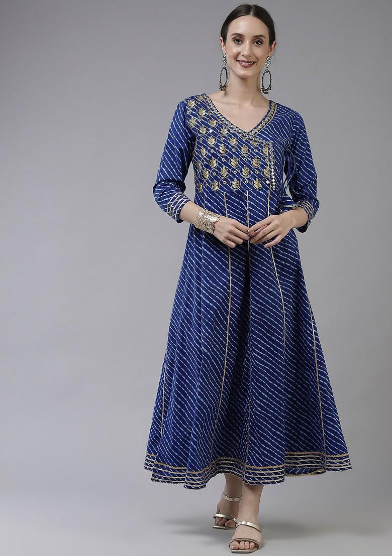 Blue Embroidered Cotton Anarkali Kurta