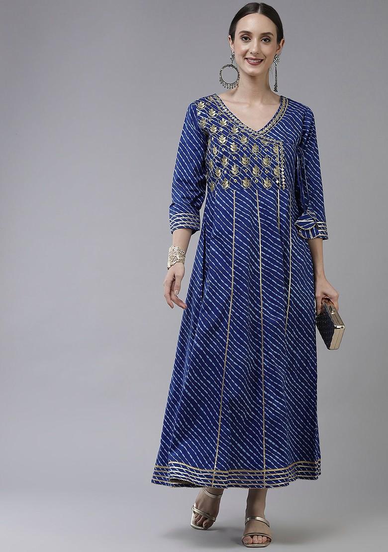 Blue Embroidered Cotton Anarkali Kurta