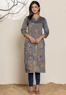 Grey Floral Print Poly Blend Kurta