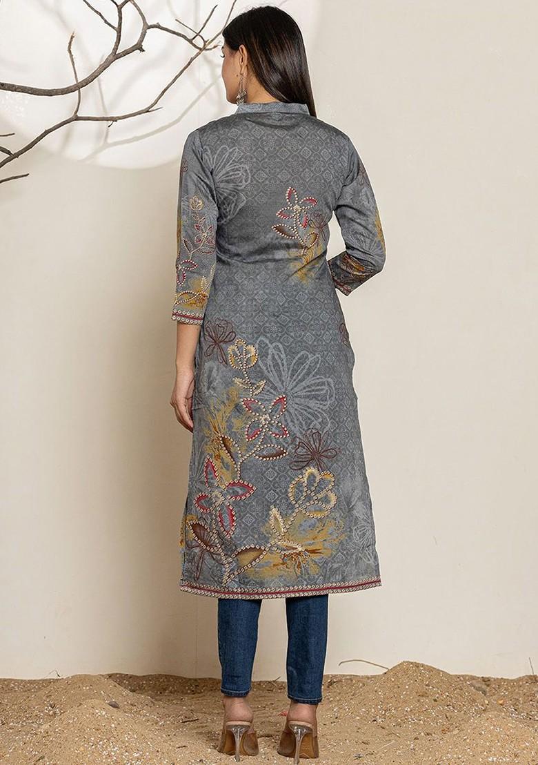 Grey Floral Print Poly Blend Kurta