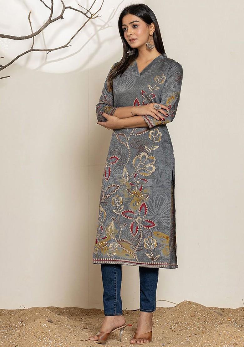 Grey Floral Print Poly Blend Kurta