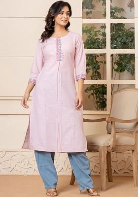 Pink Embroidered Poly Blend Kurta