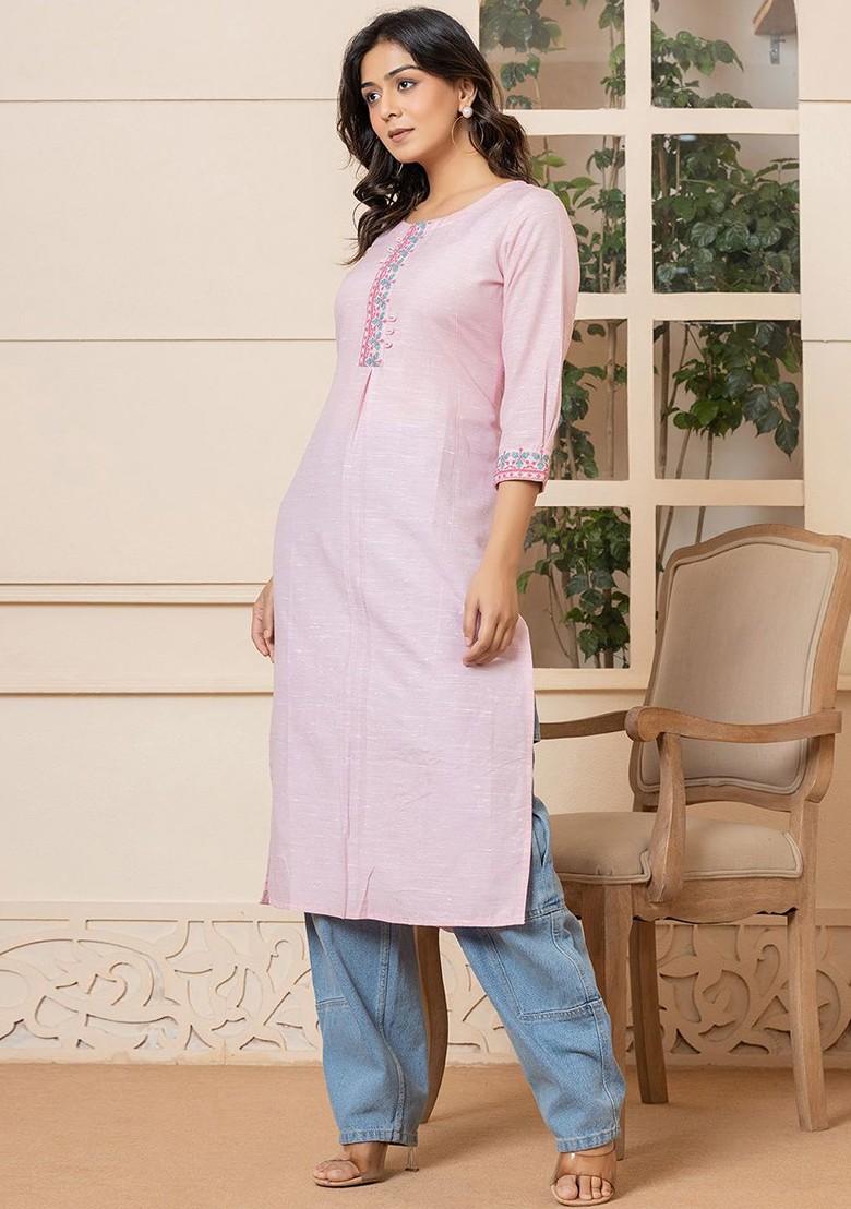 Pink Embroidered Poly Blend Kurta