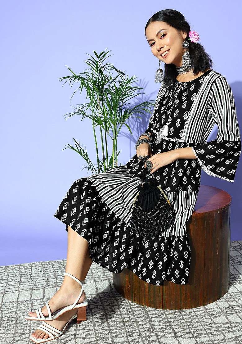 Black Printed Blended A Line Kurta Set - Indya