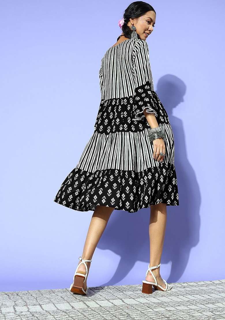 Black Printed Blended A Line Kurta Set - Indya