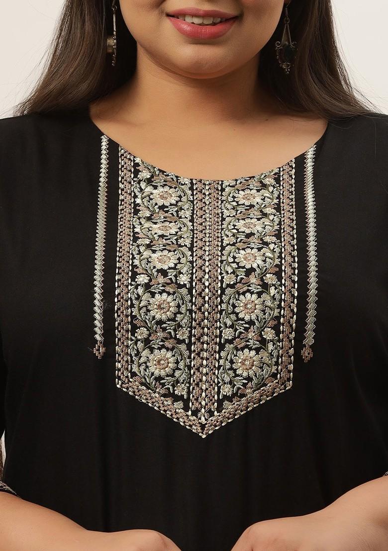 Black Embroidered Poly Blend Kurta