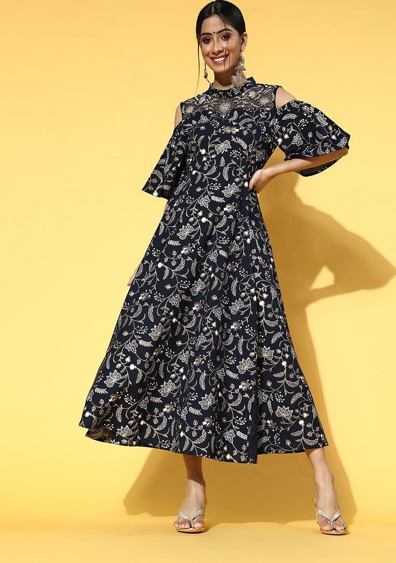 Blue Printed Cotton Anarkali Kurta