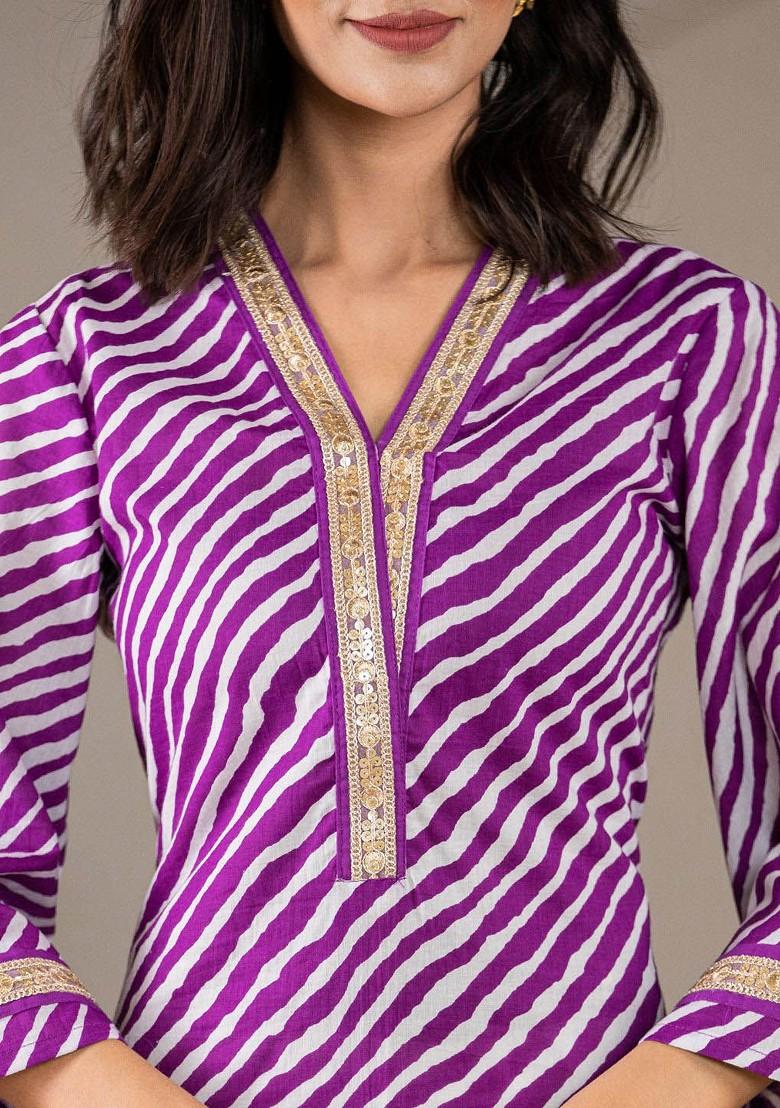 Purple Striped Poly Blend Kurta